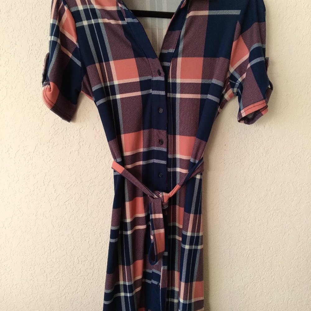 Plaid Collared Dress with Belt